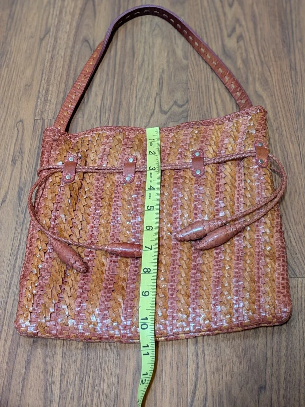 Martina Caponi Italy Brown Woven Braided Leather Bag Hobo Drawstring Polka Dot